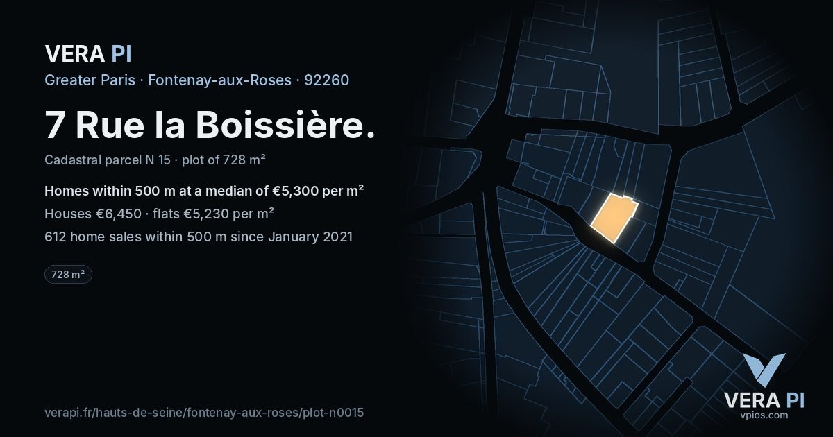 7 Rue la Boissière, Fontenay-aux-Roses at night – the plot lit, the parcels around coloured by the prices near them