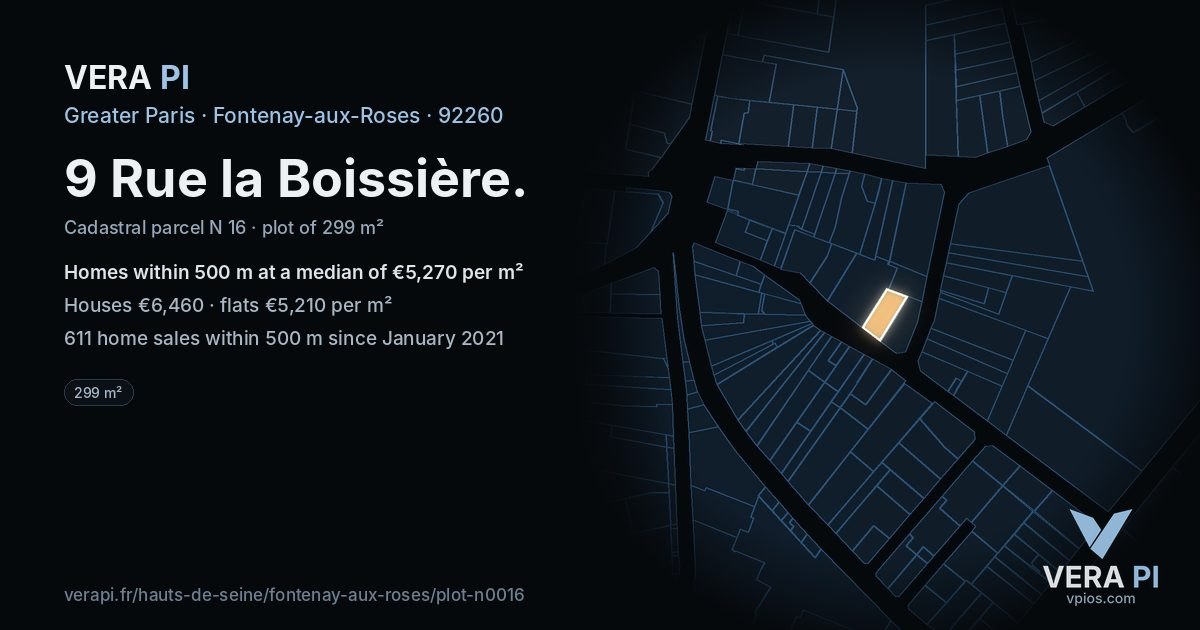 9 Rue la Boissière, Fontenay-aux-Roses at night – the plot lit, the parcels around coloured by the prices near them