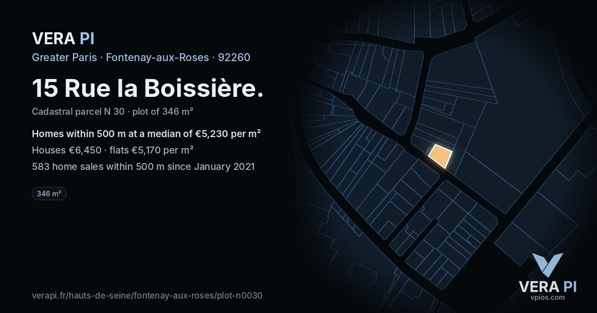 15 Rue la Boissière, Fontenay-aux-Roses at night – the plot lit, the parcels around coloured by the prices near them