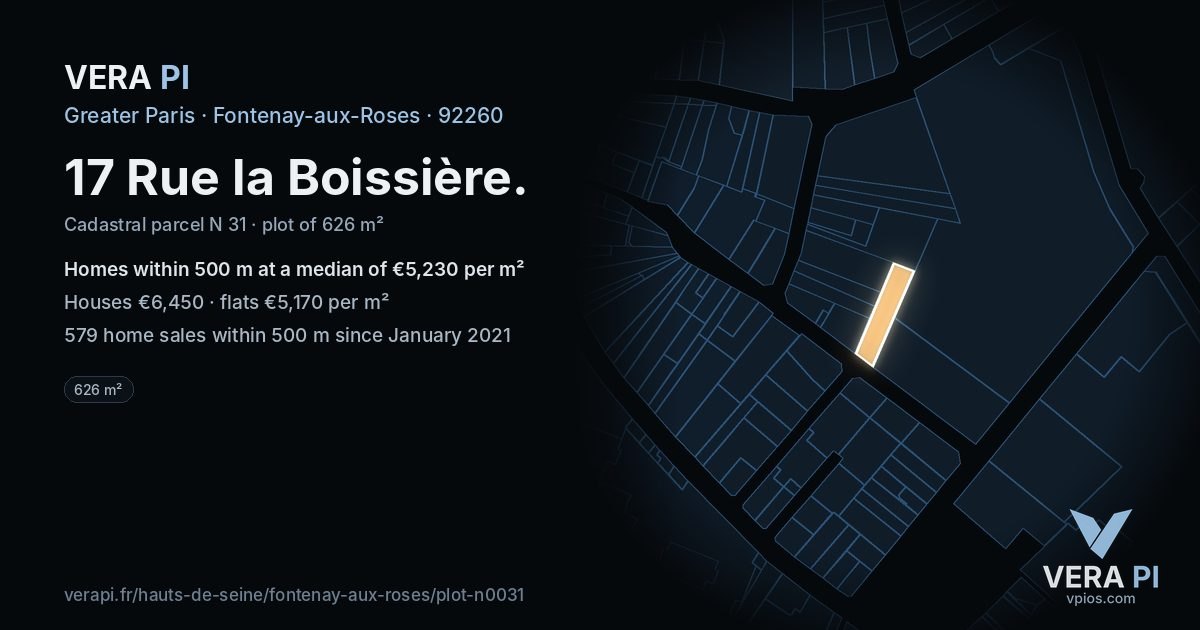 17 Rue la Boissière, Fontenay-aux-Roses at night – the plot lit, the parcels around coloured by the prices near them