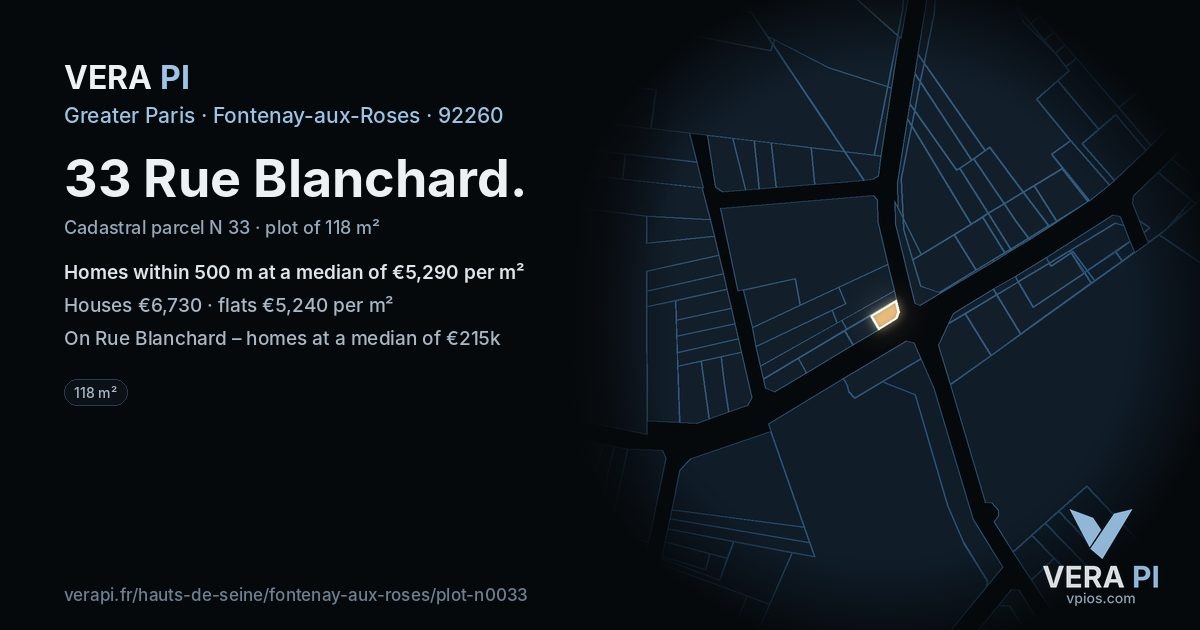 33 Rue Blanchard, Fontenay-aux-Roses at night – the plot lit, the parcels around coloured by the prices near them
