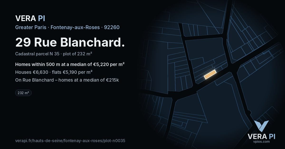 29 Rue Blanchard, Fontenay-aux-Roses at night – the plot lit, the parcels around coloured by the prices near them