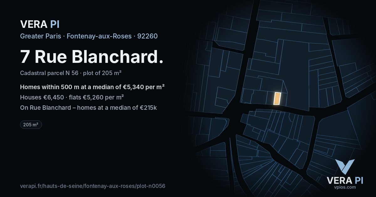 7 Rue Blanchard, Fontenay-aux-Roses at night – the plot lit, the parcels around coloured by the prices near them