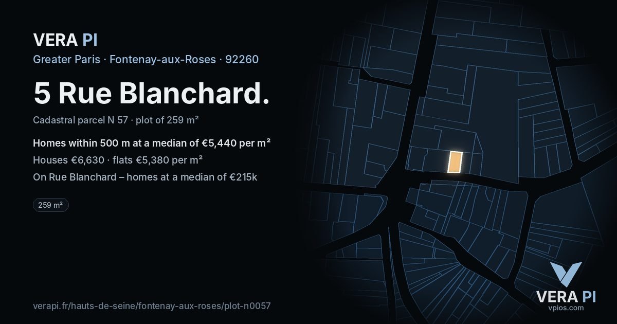 5 Rue Blanchard, Fontenay-aux-Roses at night – the plot lit, the parcels around coloured by the prices near them