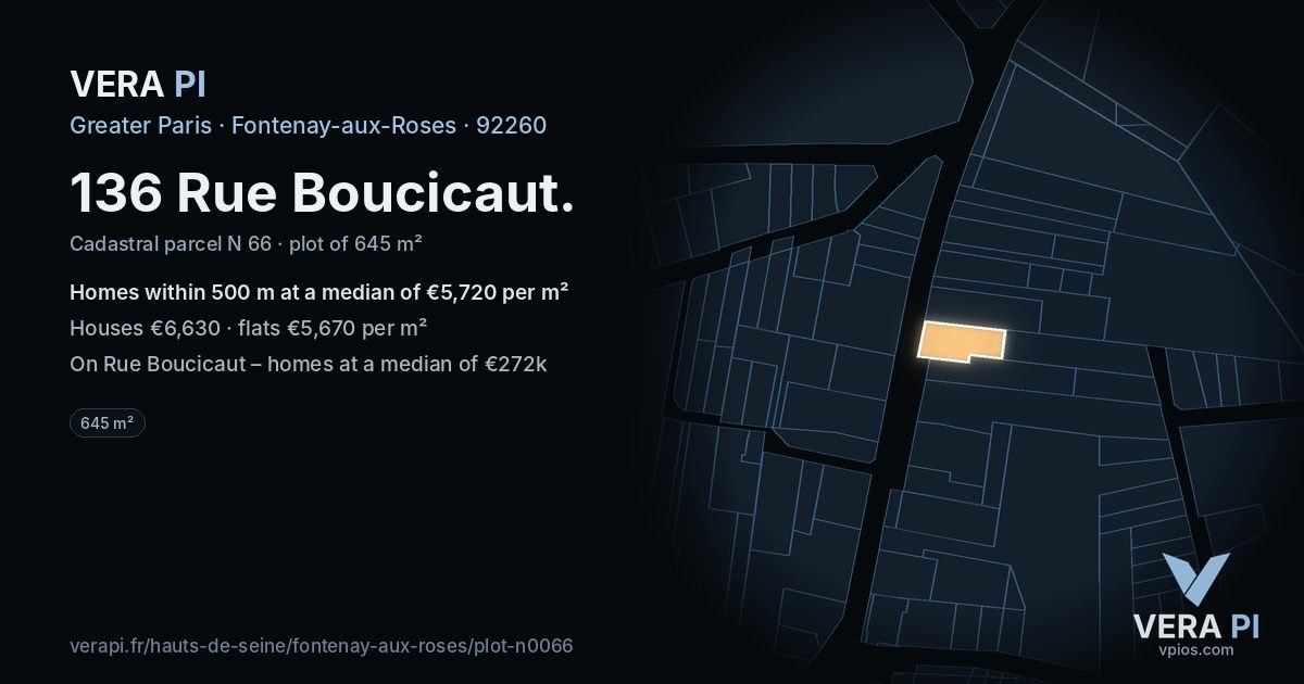 136 Rue Boucicaut, Fontenay-aux-Roses at night – the plot lit, the parcels around coloured by the prices near them