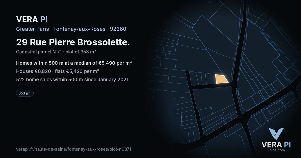 29 Rue Pierre Brossolette, Fontenay-aux-Roses at night – the plot lit, the parcels around coloured by the prices near them