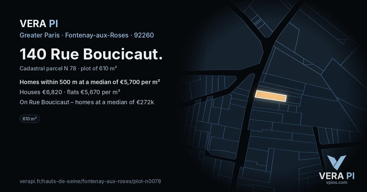 140 Rue Boucicaut, Fontenay-aux-Roses at night – the plot lit, the parcels around coloured by the prices near them
