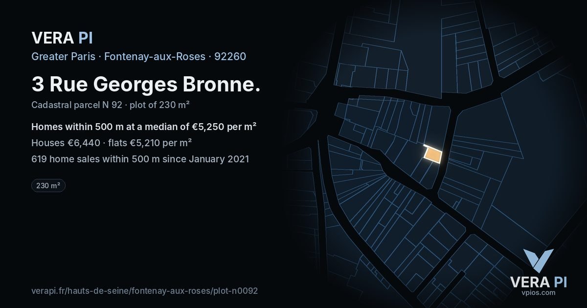 3 Rue Georges Bronne, Fontenay-aux-Roses at night – the plot lit, the parcels around coloured by the prices near them