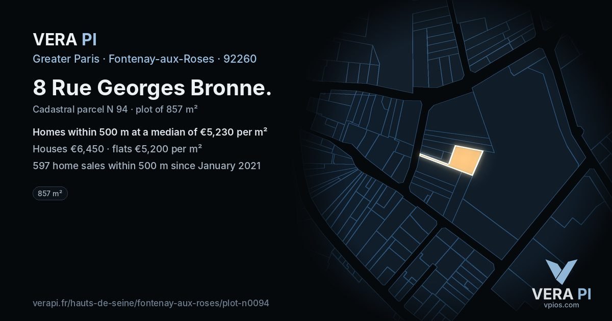8 Rue Georges Bronne, Fontenay-aux-Roses at night – the plot lit, the parcels around coloured by the prices near them