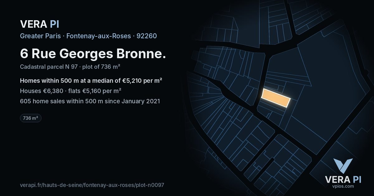 6 Rue Georges Bronne, Fontenay-aux-Roses at night – the plot lit, the parcels around coloured by the prices near them