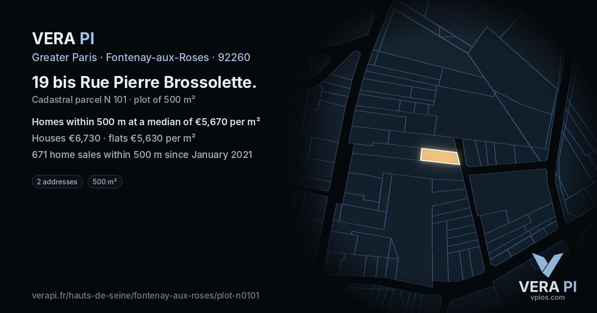 19 bis Rue Pierre Brossolette, Fontenay-aux-Roses at night – the plot lit, the parcels around coloured by the prices near them
