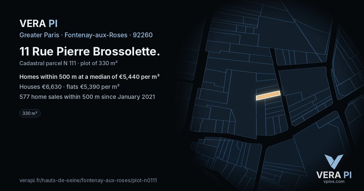 11 Rue Pierre Brossolette, Fontenay-aux-Roses at night – the plot lit, the parcels around coloured by the prices near them