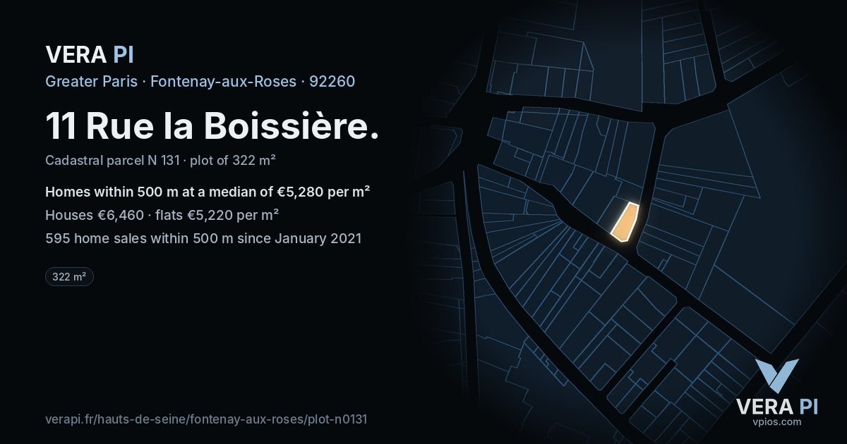 11 Rue la Boissière, Fontenay-aux-Roses at night – the plot lit, the parcels around coloured by the prices near them