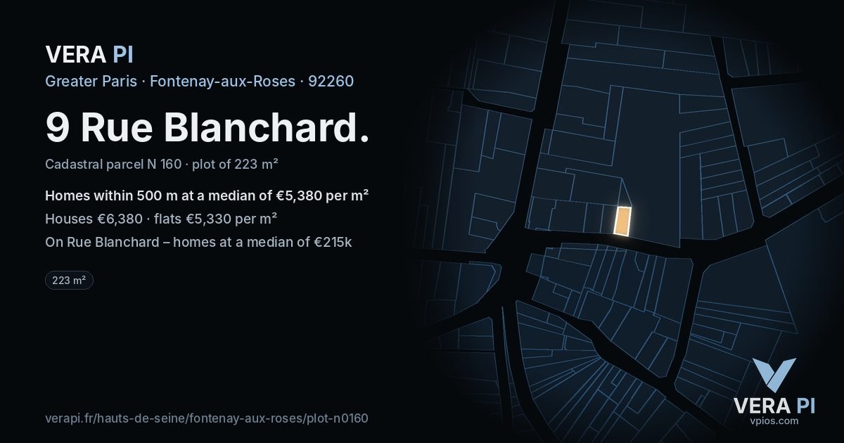 9 Rue Blanchard, Fontenay-aux-Roses at night – the plot lit, the parcels around coloured by the prices near them