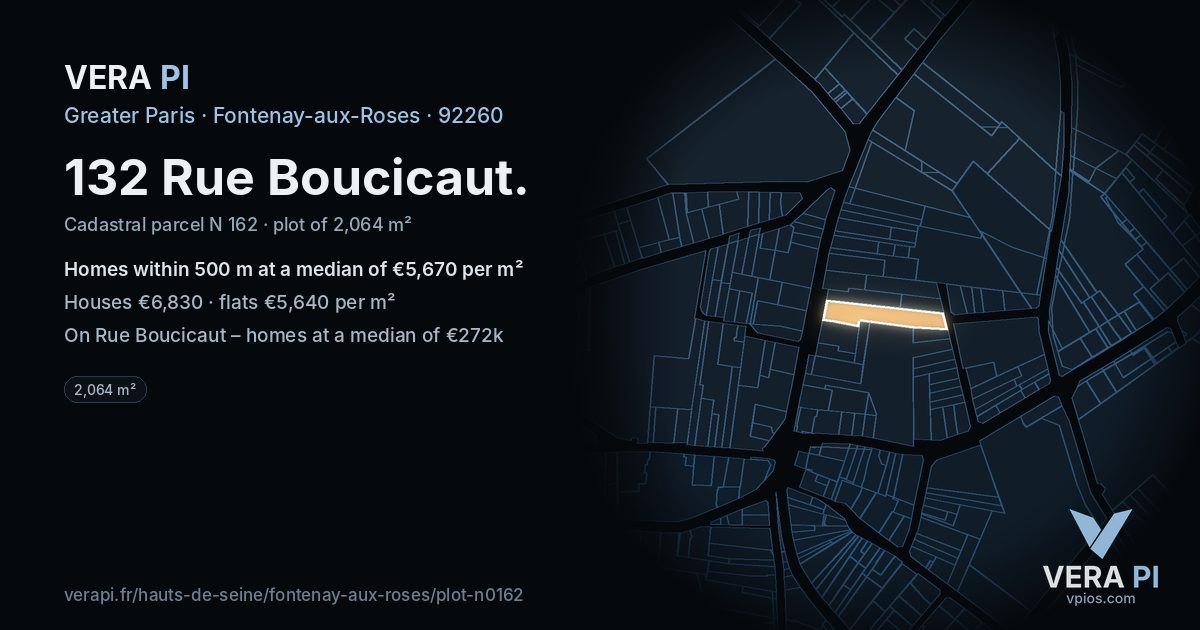 132 Rue Boucicaut, Fontenay-aux-Roses at night – the plot lit, the parcels around coloured by the prices near them