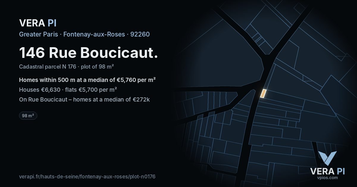 146 Rue Boucicaut, Fontenay-aux-Roses at night – the plot lit, the parcels around coloured by the prices near them