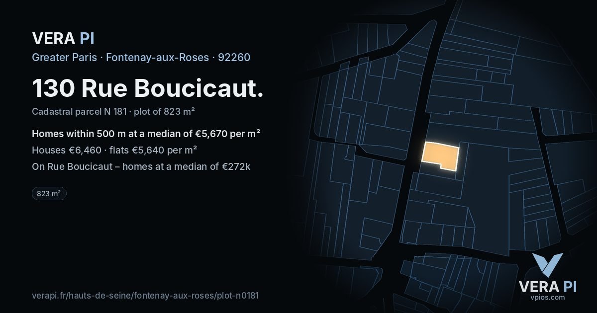 130 Rue Boucicaut, Fontenay-aux-Roses at night – the plot lit, the parcels around coloured by the prices near them