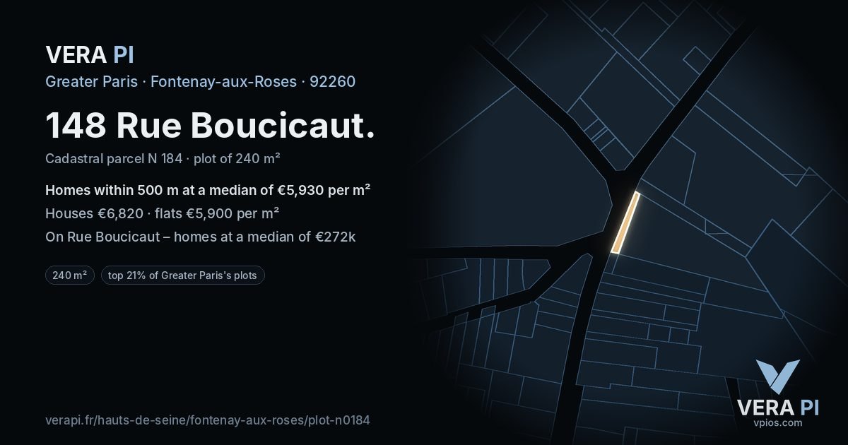 148 Rue Boucicaut, Fontenay-aux-Roses at night – the plot lit, the parcels around coloured by the prices near them
