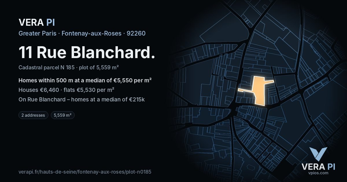 11 Rue Blanchard, Fontenay-aux-Roses at night – the plot lit, the parcels around coloured by the prices near them
