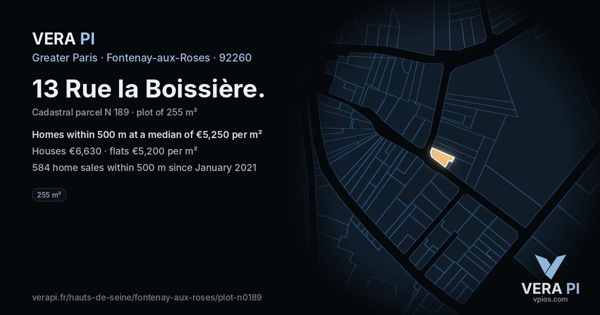 13 Rue la Boissière, Fontenay-aux-Roses at night – the plot lit, the parcels around coloured by the prices near them