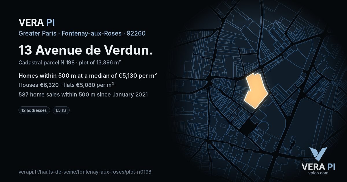 13 Avenue de Verdun, Fontenay-aux-Roses at night – the plot lit, the parcels around coloured by the prices near them