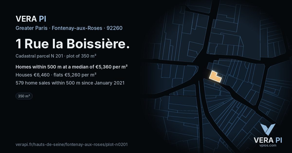 1 Rue la Boissière, Fontenay-aux-Roses at night – the plot lit, the parcels around coloured by the prices near them