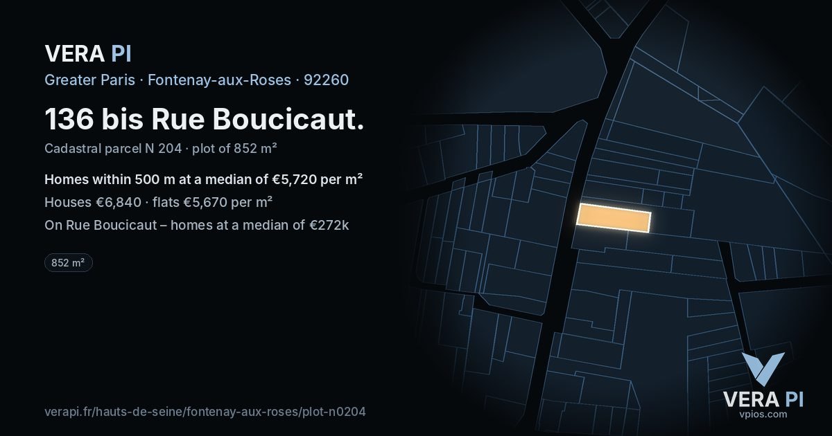 136 bis Rue Boucicaut, Fontenay-aux-Roses at night – the plot lit, the parcels around coloured by the prices near them