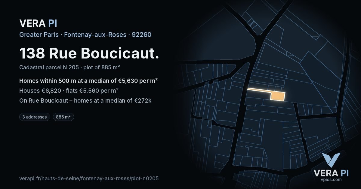 138 Rue Boucicaut, Fontenay-aux-Roses at night – the plot lit, the parcels around coloured by the prices near them