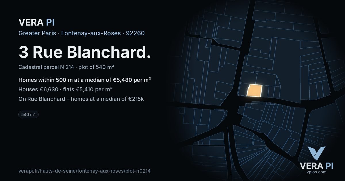 3 Rue Blanchard, Fontenay-aux-Roses at night – the plot lit, the parcels around coloured by the prices near them