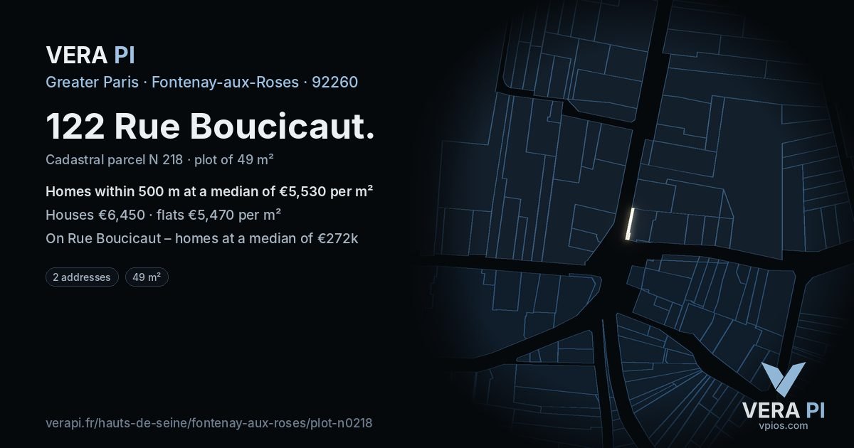 122 Rue Boucicaut, Fontenay-aux-Roses at night – the plot lit, the parcels around coloured by the prices near them