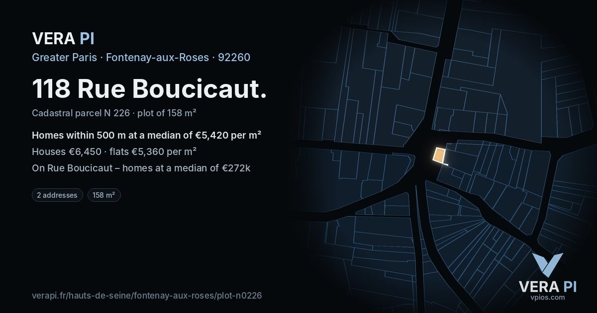 118 Rue Boucicaut, Fontenay-aux-Roses at night – the plot lit, the parcels around coloured by the prices near them