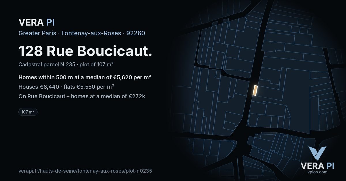 128 Rue Boucicaut, Fontenay-aux-Roses at night – the plot lit, the parcels around coloured by the prices near them