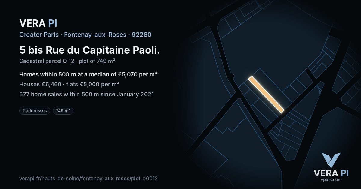 5 bis Rue du Capitaine Paoli, Fontenay-aux-Roses at night – the plot lit, the parcels around coloured by the prices near them