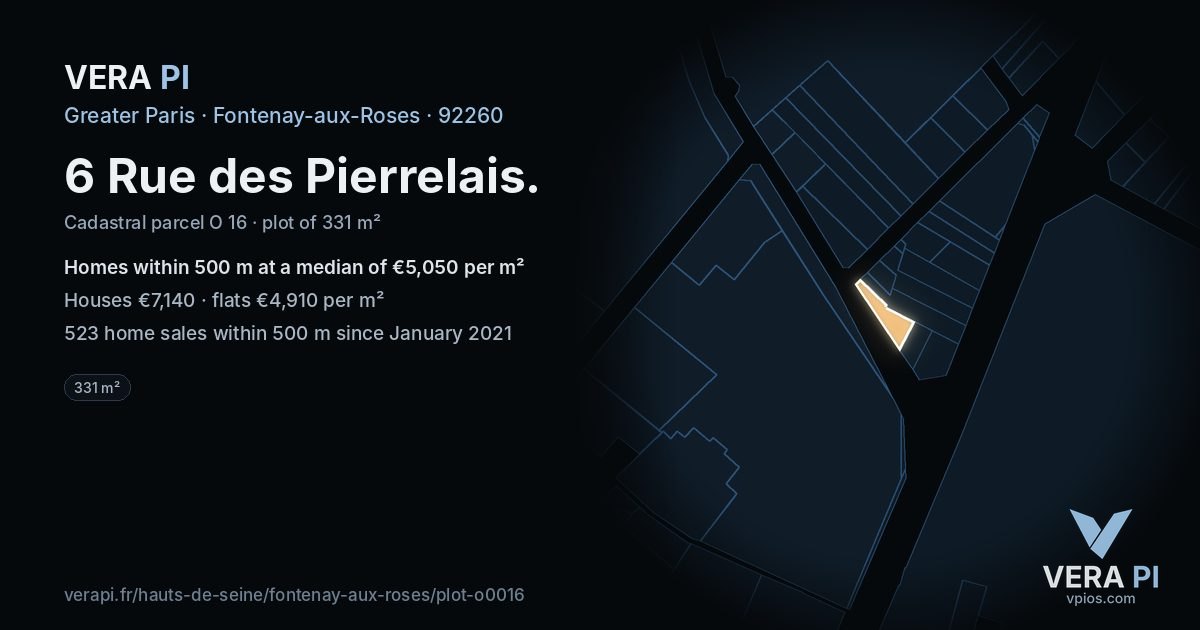 6 Rue des Pierrelais, Fontenay-aux-Roses at night – the plot lit, the parcels around coloured by the prices near them