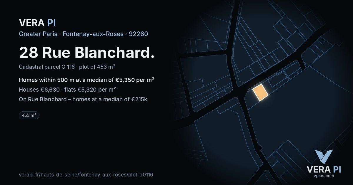 28 Rue Blanchard, Fontenay-aux-Roses at night – the plot lit, the parcels around coloured by the prices near them