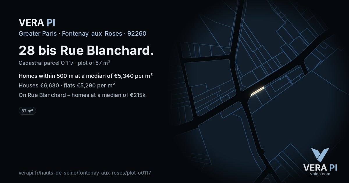 28 bis Rue Blanchard, Fontenay-aux-Roses at night – the plot lit, the parcels around coloured by the prices near them