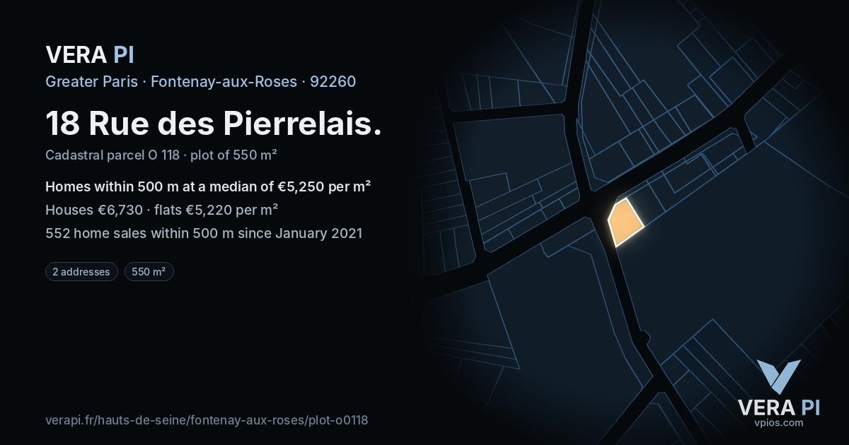 18 Rue des Pierrelais, Fontenay-aux-Roses at night – the plot lit, the parcels around coloured by the prices near them