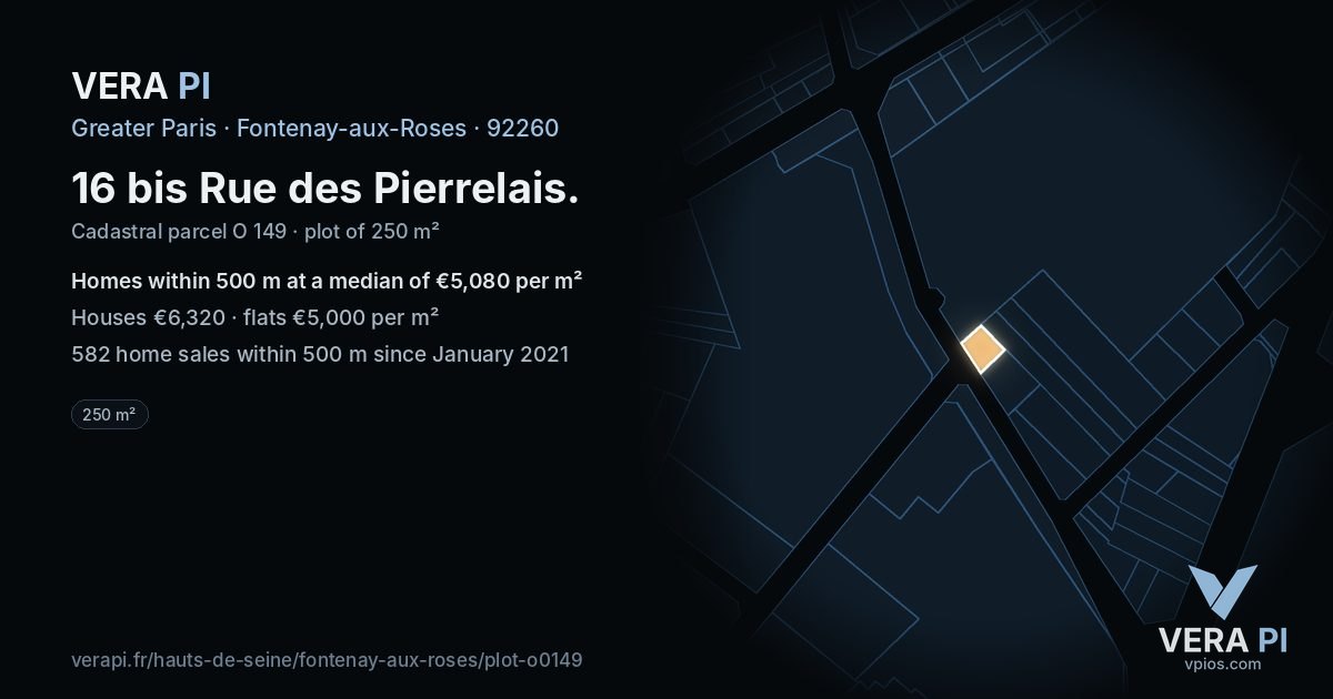 16 bis Rue des Pierrelais, Fontenay-aux-Roses at night – the plot lit, the parcels around coloured by the prices near them