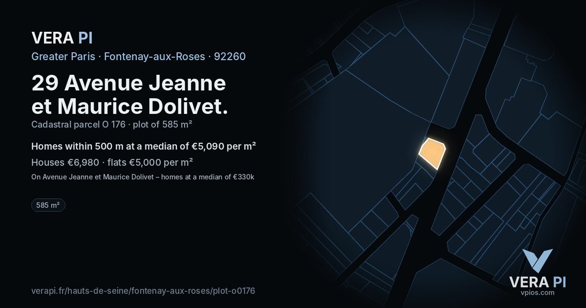 29 Avenue Jeanne et Maurice Dolivet, Fontenay-aux-Roses at night – the plot lit, the parcels around coloured by the prices near them