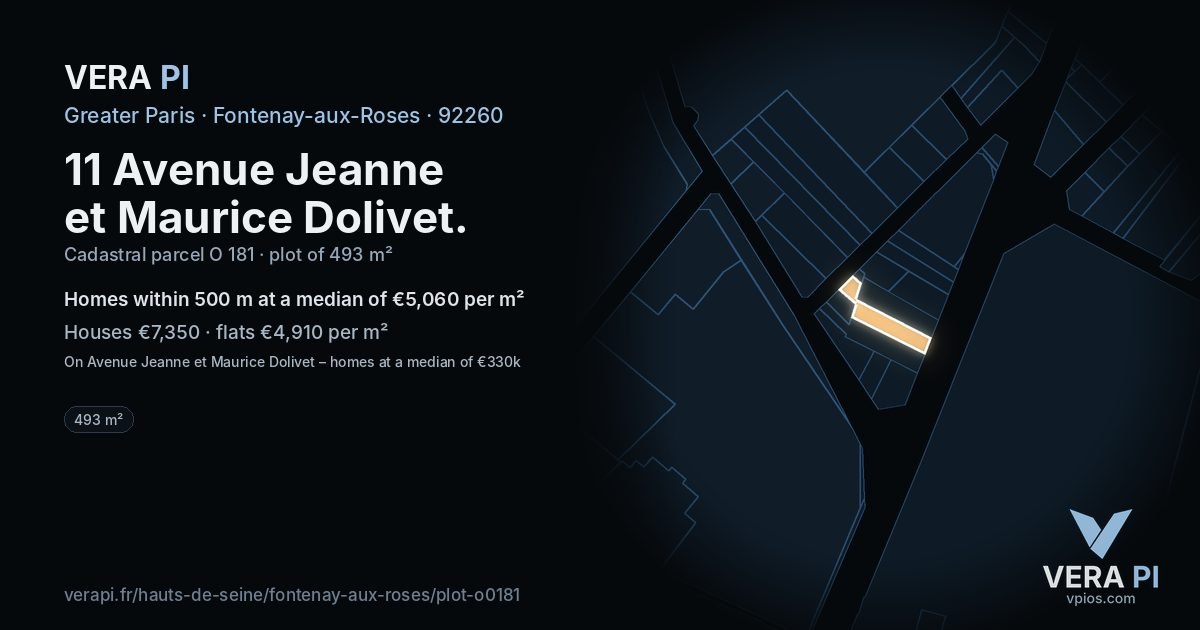 11 Avenue Jeanne et Maurice Dolivet, Fontenay-aux-Roses at night – the plot lit, the parcels around coloured by the prices near them