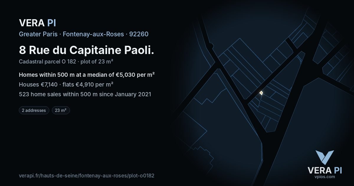 8 Rue du Capitaine Paoli, Fontenay-aux-Roses at night – the plot lit, the parcels around coloured by the prices near them