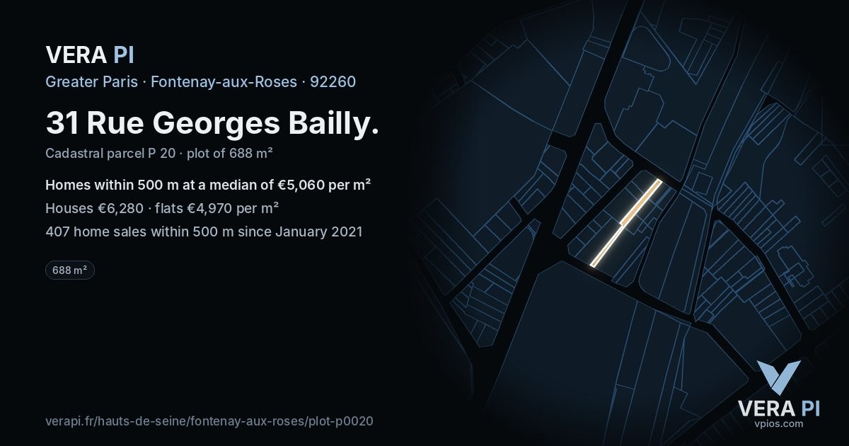 31 Rue Georges Bailly, Fontenay-aux-Roses at night – the plot lit, the parcels around coloured by the prices near them