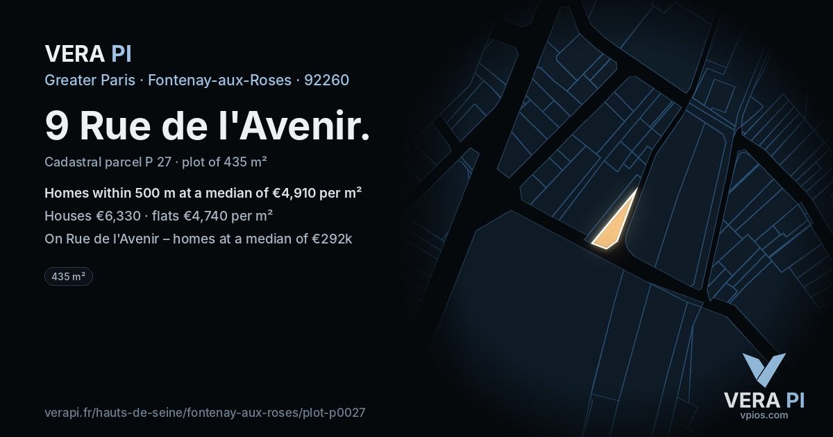 9 Rue de l'Avenir, Fontenay-aux-Roses at night – the plot lit, the parcels around coloured by the prices near them