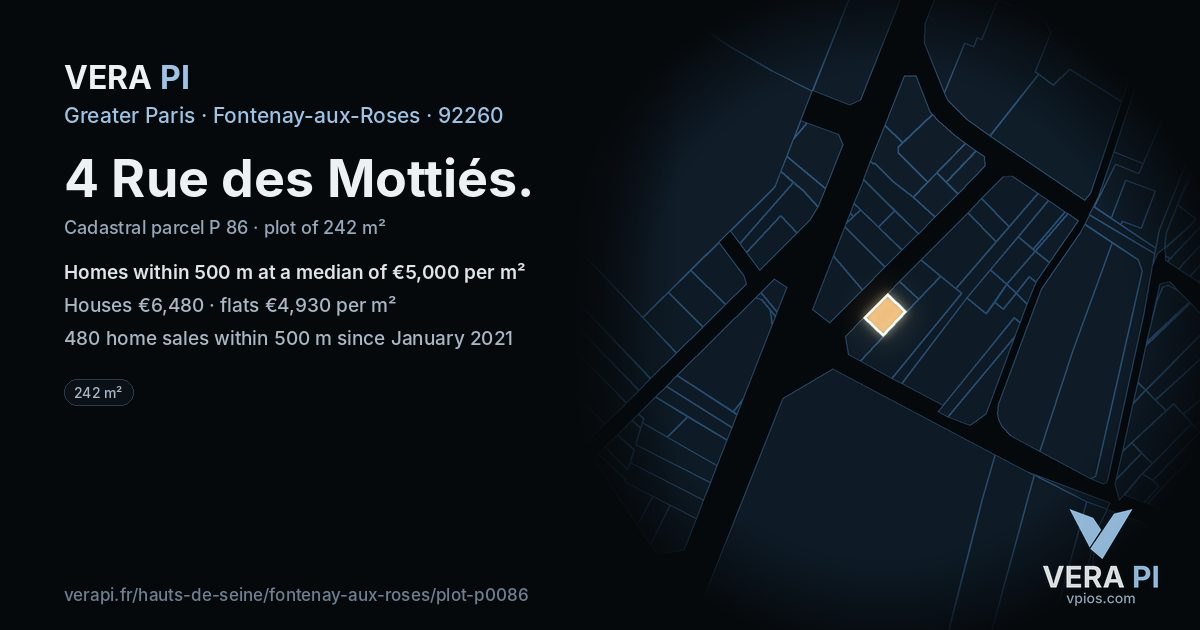 4 Rue des Mottiés, Fontenay-aux-Roses at night – the plot lit, the parcels around coloured by the prices near them