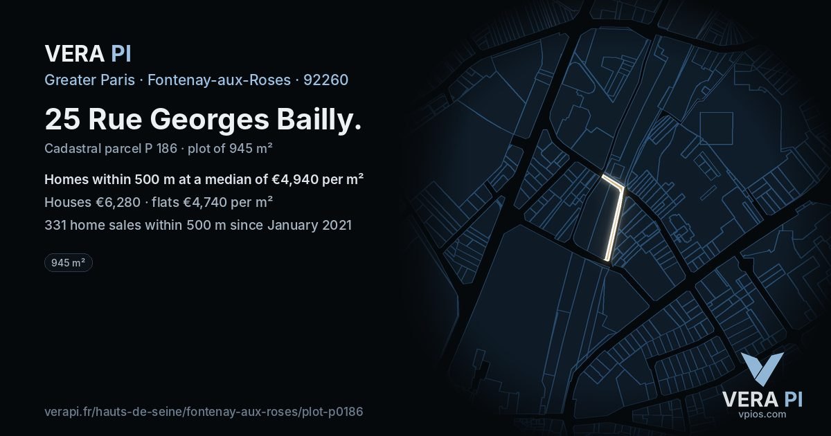 25 Rue Georges Bailly, Fontenay-aux-Roses at night – the plot lit, the parcels around coloured by the prices near them