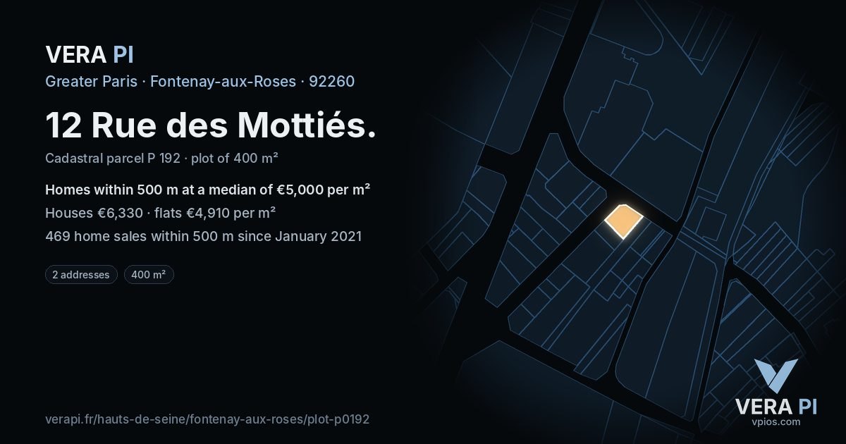 12 Rue des Mottiés, Fontenay-aux-Roses at night – the plot lit, the parcels around coloured by the prices near them
