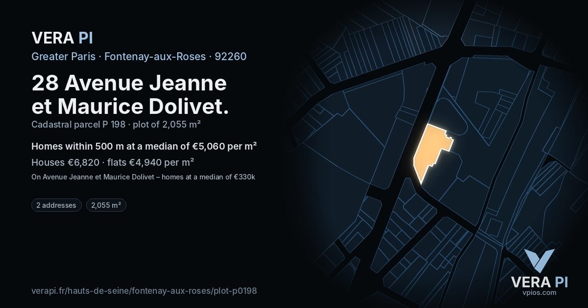 28 Avenue Jeanne et Maurice Dolivet, Fontenay-aux-Roses at night – the plot lit, the parcels around coloured by the prices near them