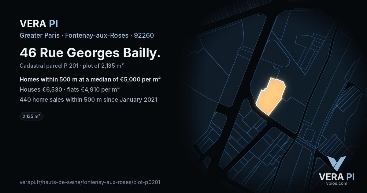 46 Rue Georges Bailly, Fontenay-aux-Roses at night – the plot lit, the parcels around coloured by the prices near them