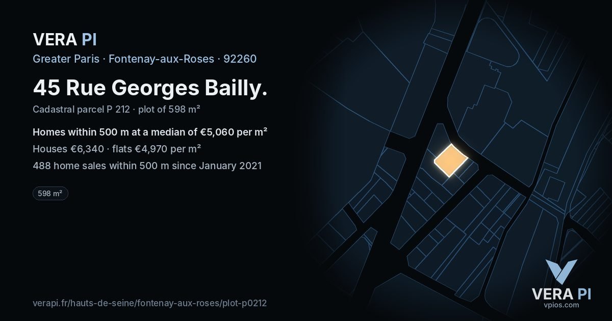 45 Rue Georges Bailly, Fontenay-aux-Roses at night – the plot lit, the parcels around coloured by the prices near them