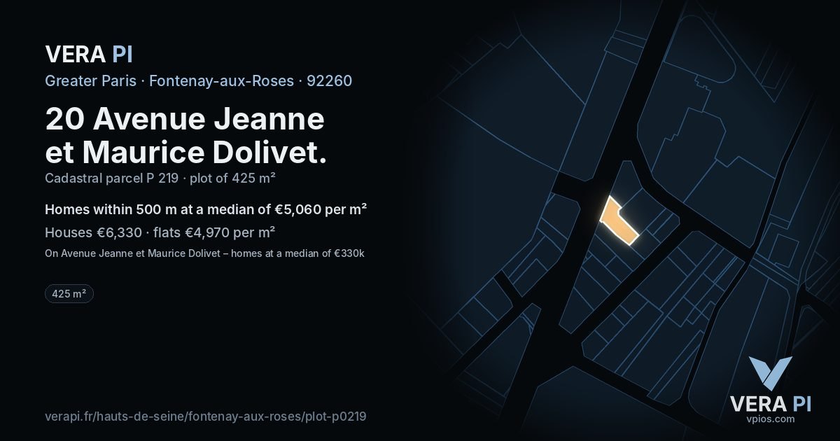 20 Avenue Jeanne et Maurice Dolivet, Fontenay-aux-Roses at night – the plot lit, the parcels around coloured by the prices near them